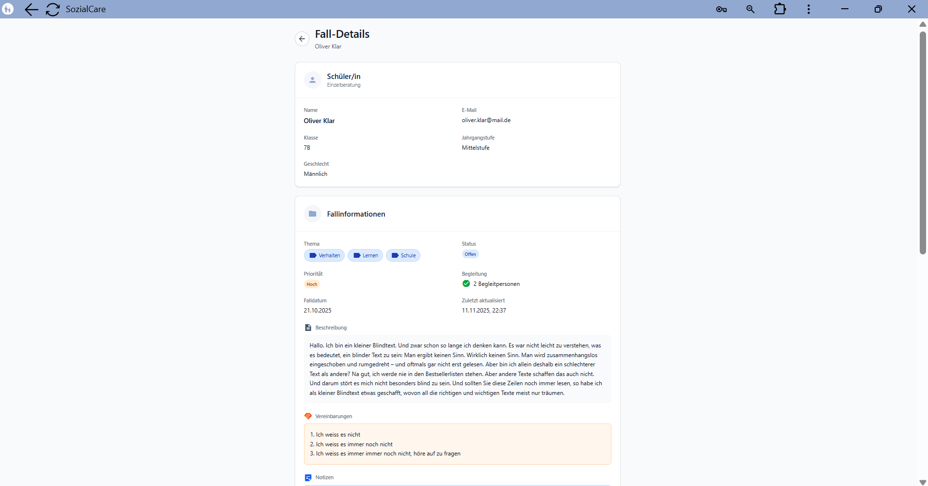 Einzelne Falldetailansicht