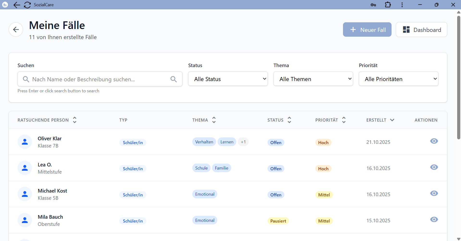 Falllistenansicht mit allen aktiven Fällen