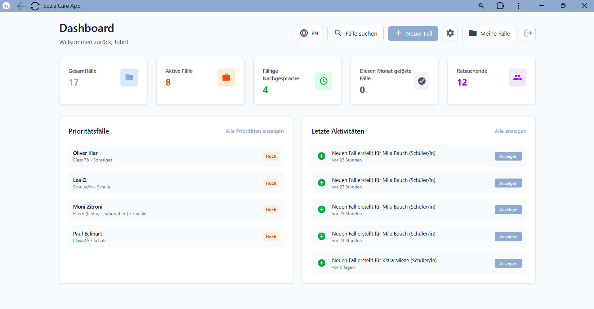 SozialCM Dashboard mit Echtzeit-Übersicht und Statistiken